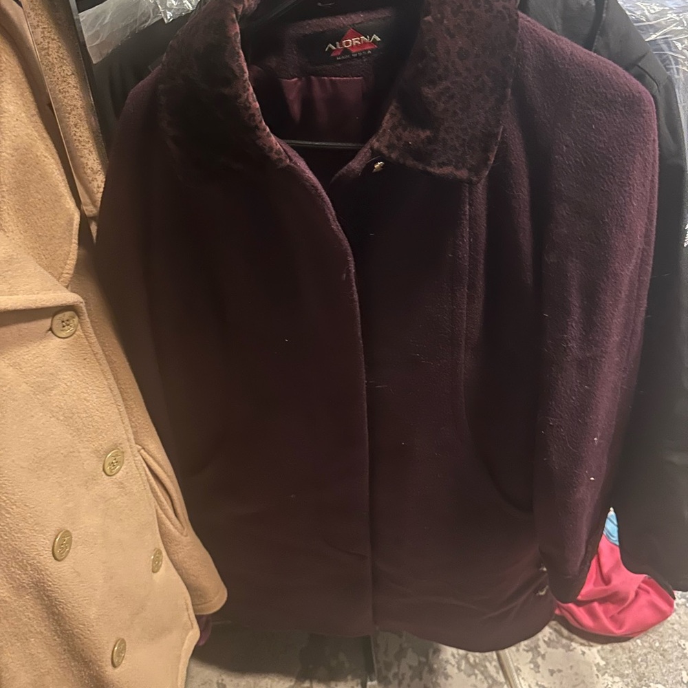 Aldona Women's Dark‎ Burgundy Pea Coat with Leopard Collar